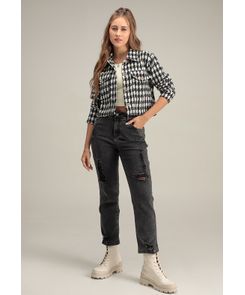 Mom jean tiro alto desgastado bota tubo