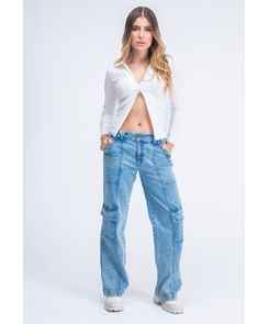 Jean cargo tiro alto y bota recta para mujeres