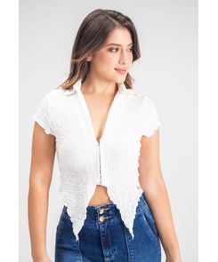 Blusa manga corta con tela efecto galleta para mujer