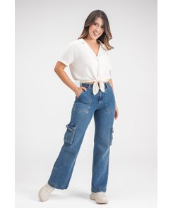 Jean cargo tiro alto con bolsillos en costados para mujer