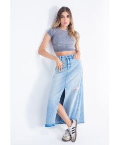 Falda tiro alto en denim larga para mujer