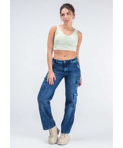 Jean cargo azul oscuro con bota recta para mujeres