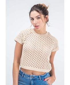 Camiseta manga corta crop tejida para mujer