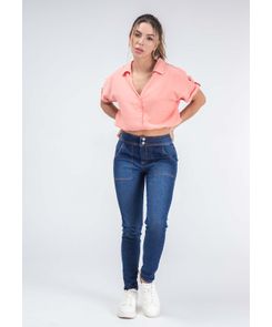 Jean reductor tiro alto con bolsillo parche para mujer
