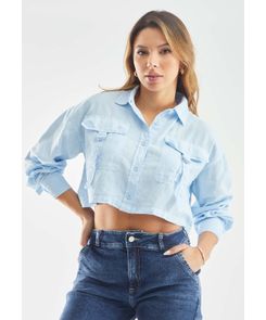 Blusa manga larga con bolsillos y jaretas