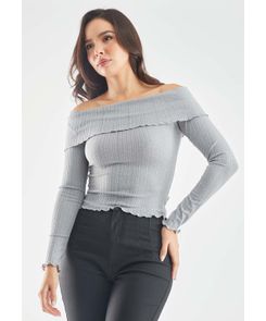 Camiseta manga larga escote tipo bandeja en rib