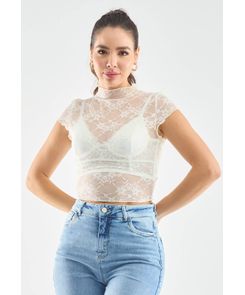 Camiseta manga corta en encaje crop