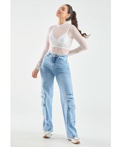 Jean cargo tiro alto con bolsillos para mujer