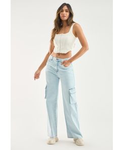 Jean cargo azul claro y bota amplia para mujeres
