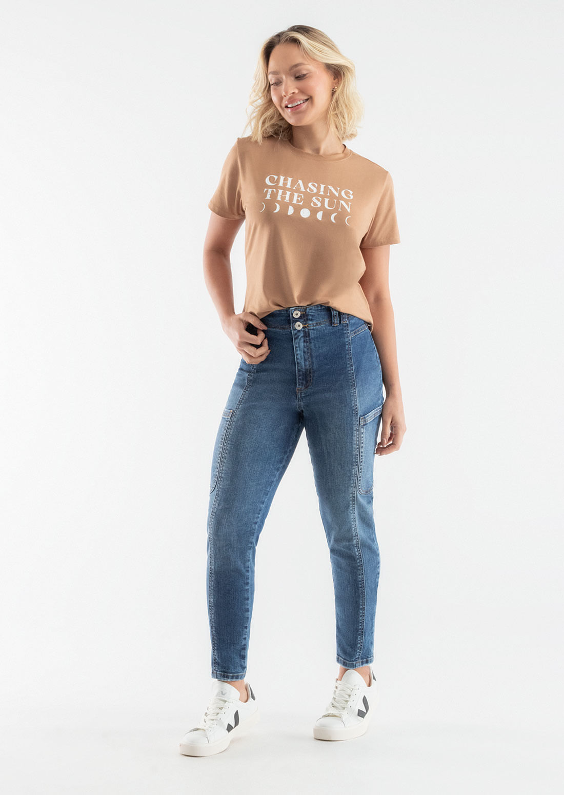 Jean cargo tiro alto bota tubo para mujeres