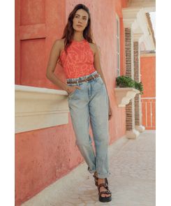Jean baggy azul claro con correa para mujeres