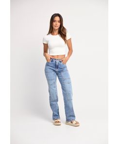 Jean cargo tiro alto bota recta