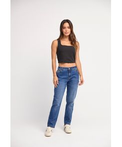 Jean mom jean azul medio bota tubo para mujeres