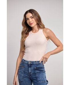 Camiseta melón pastel básica en rib para mujeres