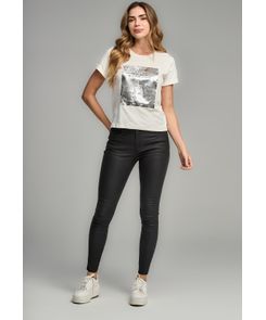 Jean levantacola negro con tela efecto cuero para mujeres