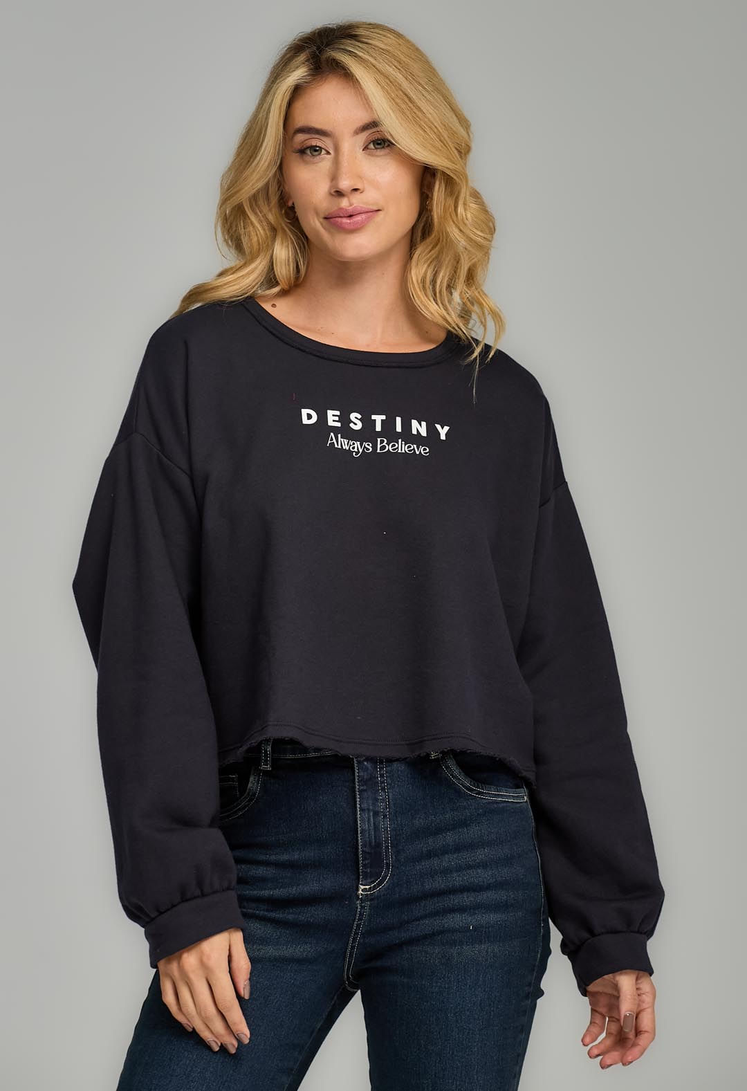 Buzo crop azul navy estampado para mujeres