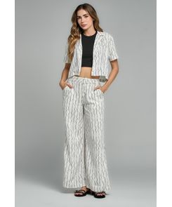 Pantalón marfil estampado efecto lino para mujeres