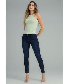 Jean elastik oscuro con botón en pretina para mujeres