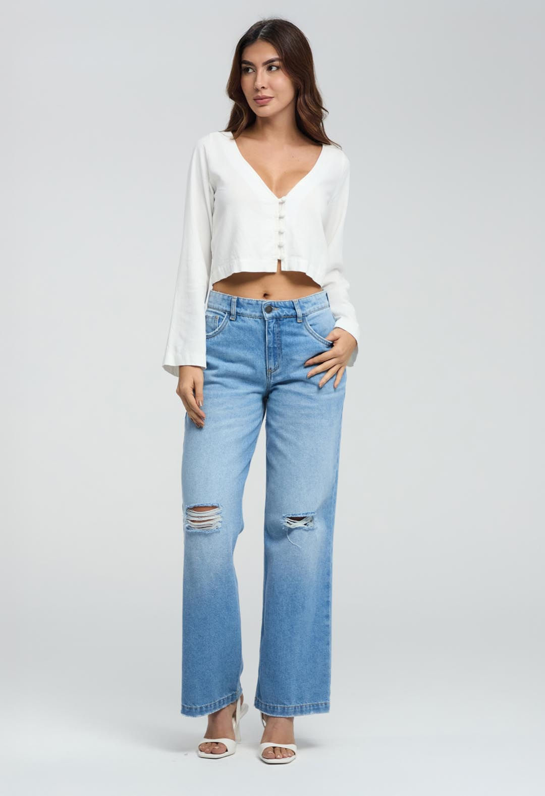Jean retromom claro con desgaste para mujeres
